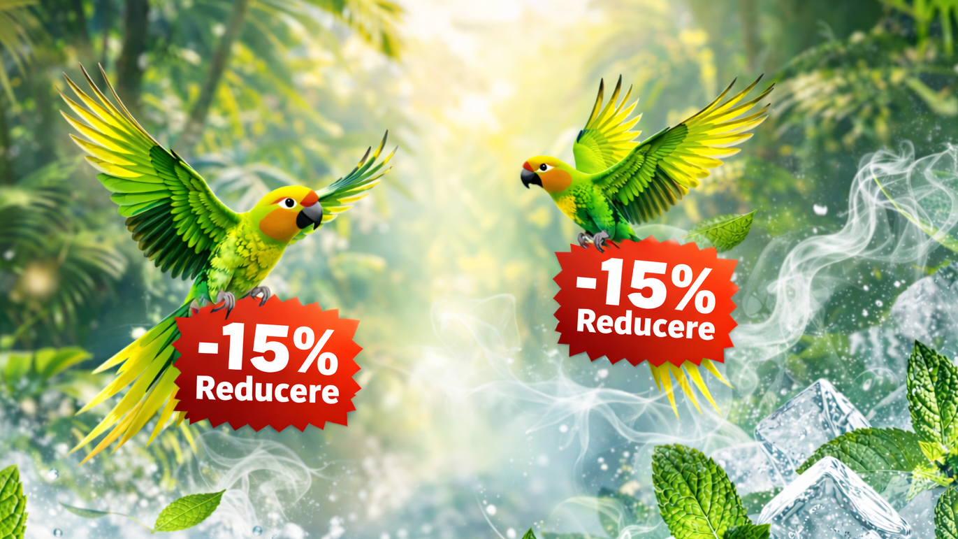 Two parrots in a tropical setting with promotional text overlay